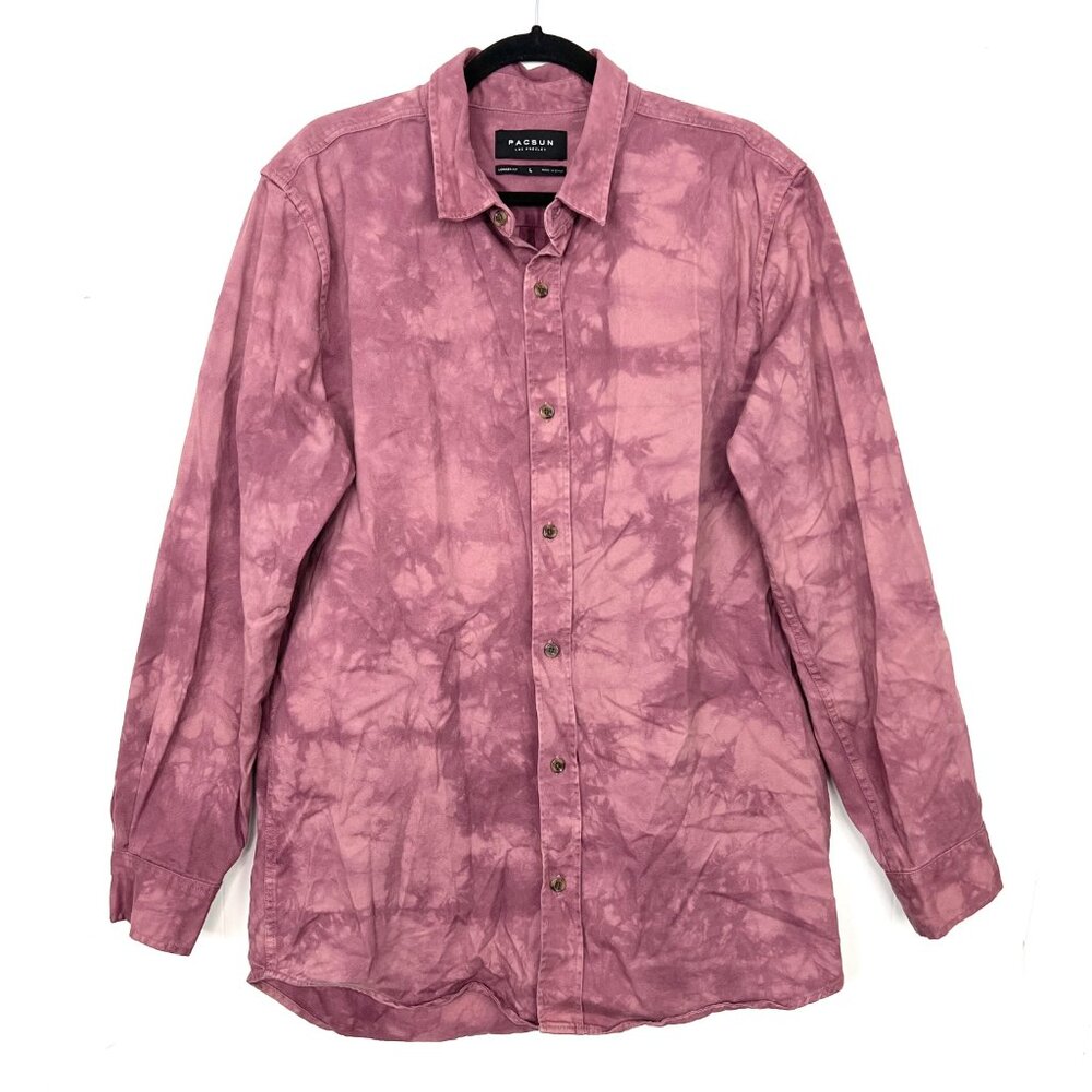 Pacsun Twill Purple Tie Dye Button Down Shirt Longer Fit Mens Size Large